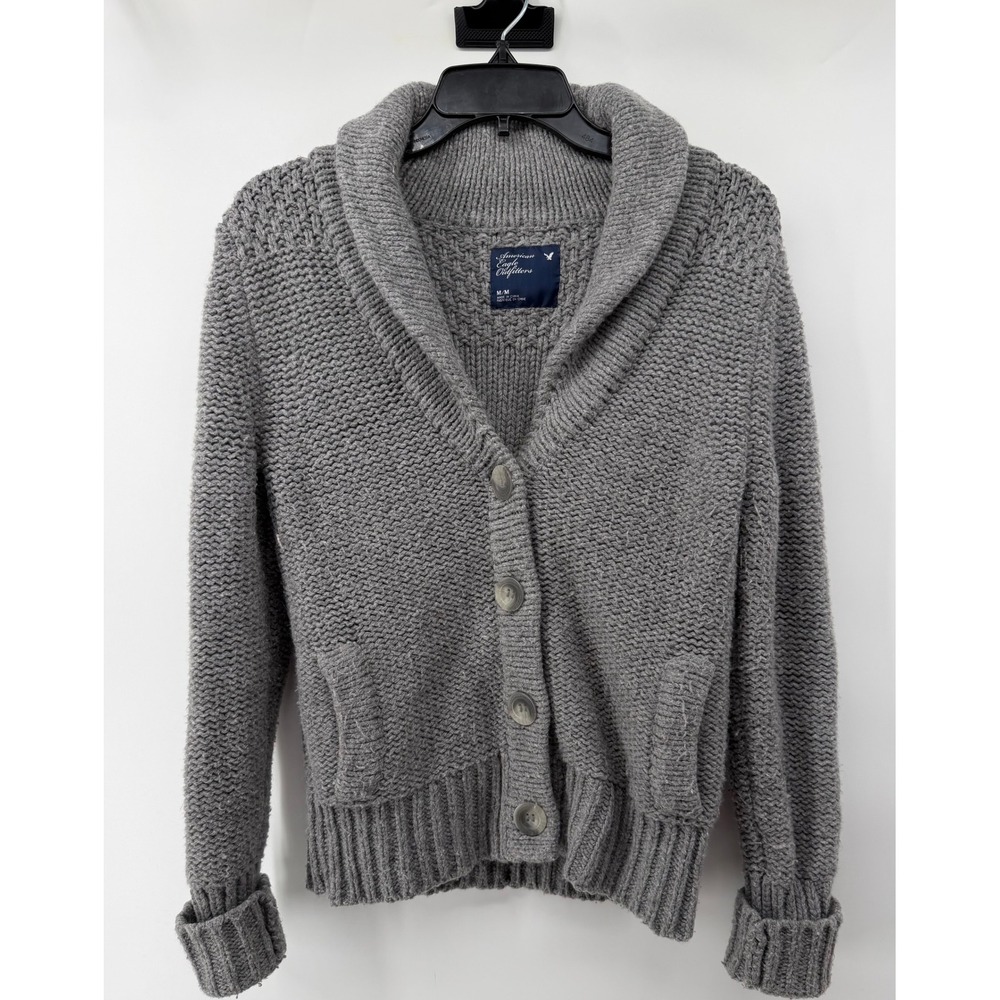 American Eagle Gray Shawl Collar Cardigan Wool Blend Chunky Knit Sweater Mens M